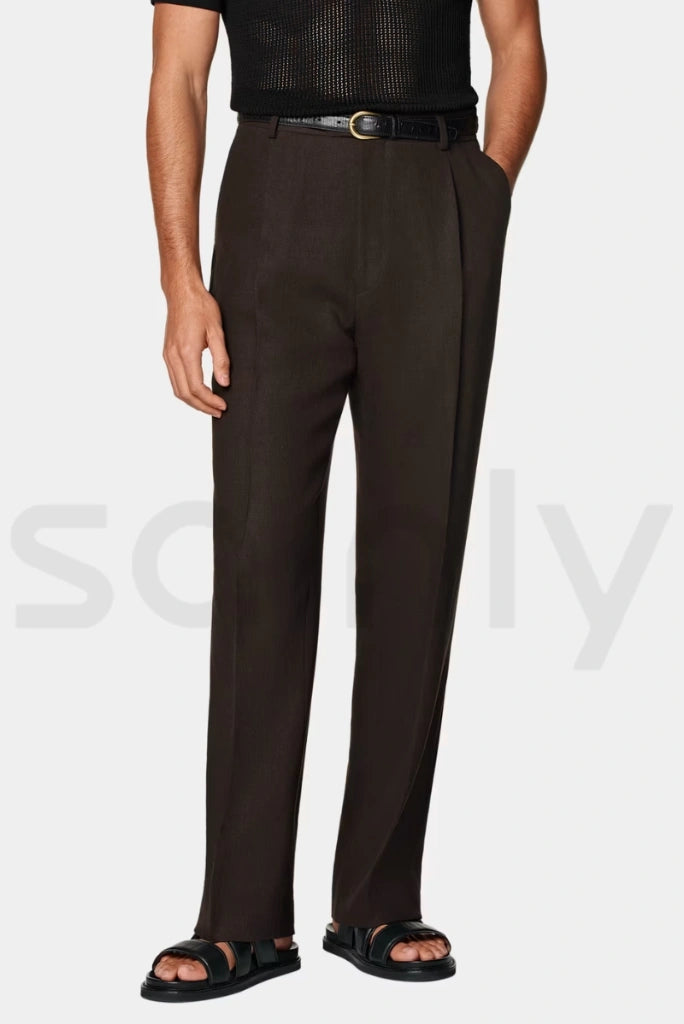 Vintage brown high-rise pleated pants for men-front