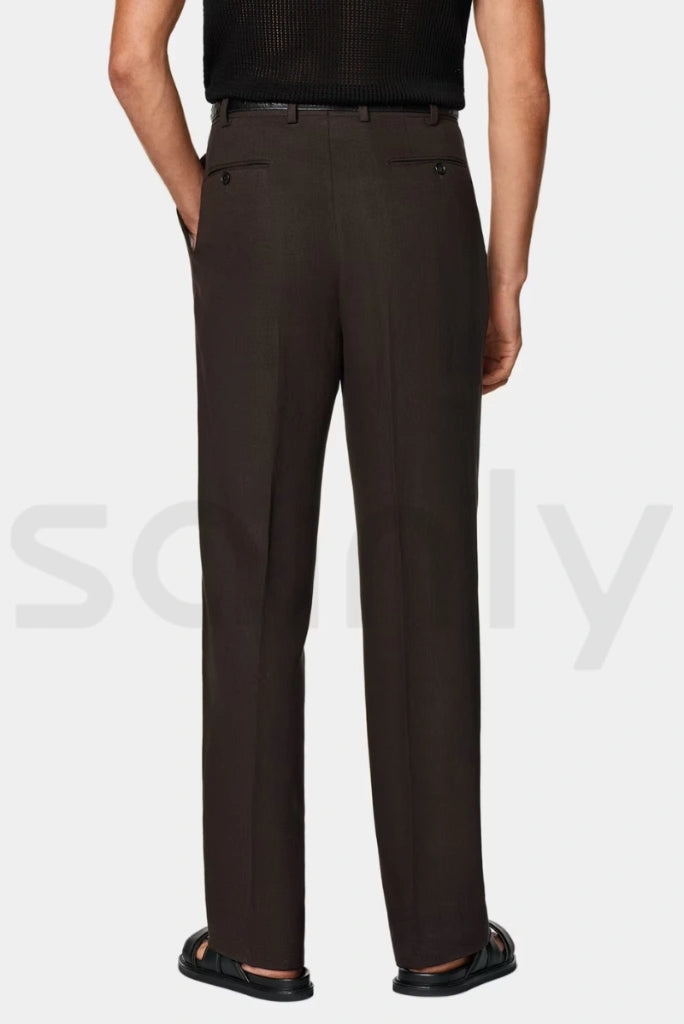 Men’s classic brown pleated pants perfect for weddings-back